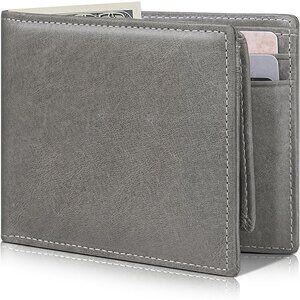 Men's Classic Bifold Wallet Card Gray Style Genuine Leather 2 Cash Pockets